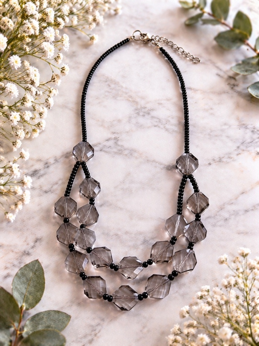 Smoky Gray Faceted Bead Multi-Strand Necklace